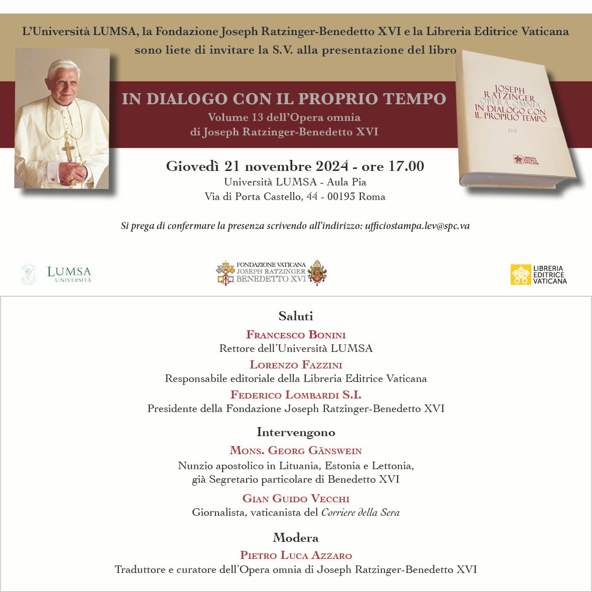 Mons. Gänswein presenta il XIII volume dell’Opera Omnia di Benedetto XVI il 21 novembre alla Lumsa